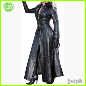 Long Faux Leather Trench Coat Ankle Length Zipper Jacket Fall Fashion